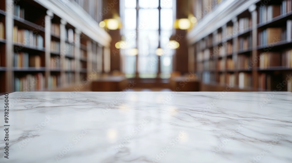 Sticker A blurred view of a library interior with a marble table in the foreground.