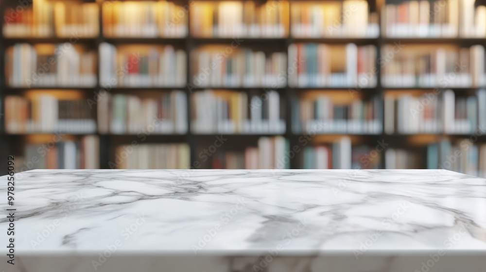 Poster a marble tabletop in front of a blurred library bookshelf filled with books.