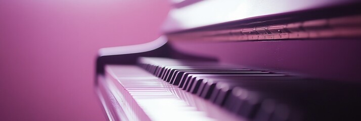A close-up of a piano keyboard with a soft purple background, evoking a musical ambiance.