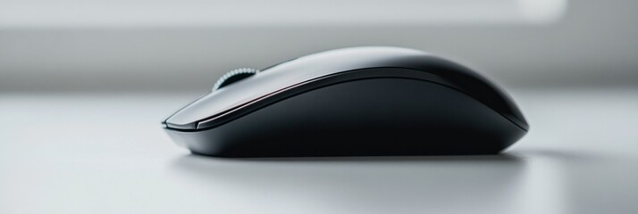 A sleek black computer mouse positioned on a light surface.