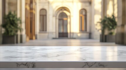 Obraz premium A marble table in a bright architectural space with plants in the background.