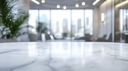 A blurred view of a modern office space with a marble table and city skyline in the background.