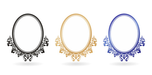three oval frames with ornate decorative designs isolated white backgrounds for paintings, mirrors or photo, paper craft printable designs, wedding invitation emblem cover, stationery design materials