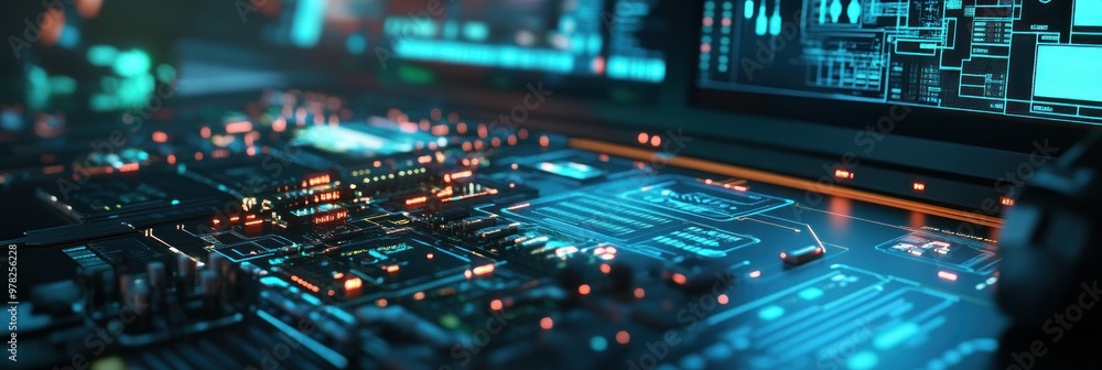 Poster a close-up of a futuristic circuit board with glowing elements and digital displays.