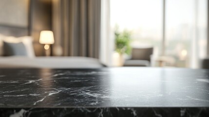 A modern hotel room view featuring a marble table and soft furnishings.