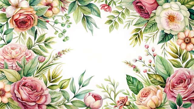 Vintage watercolor botanical of leaves and florals, elegant invitation card template for events and weddings