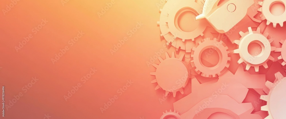 Poster abstract design featuring gears and tools on a gradient background, symbolizing innovation.