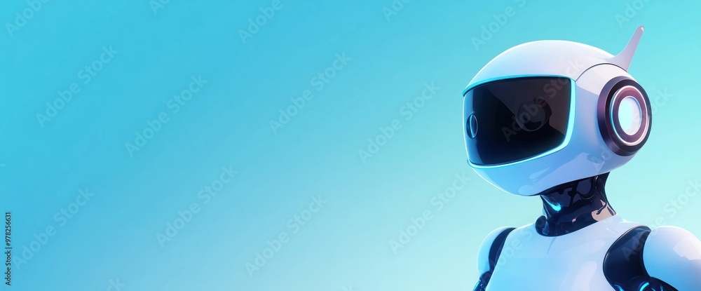 Poster a futuristic robot with a sleek design against a gradient blue background.