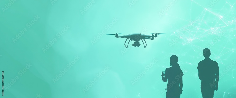 Poster Two individuals observing a drone in a futuristic, tech-inspired environment.