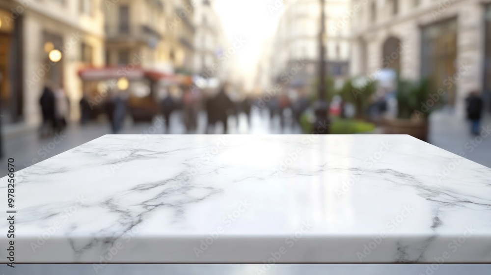 Poster A blurred outdoor scene with a marble tabletop in focus, suggesting a café or dining setting.