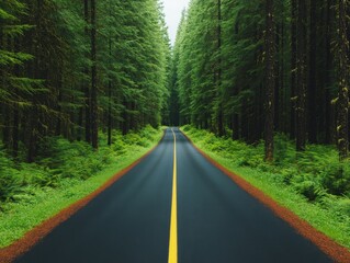 Fototapeta premium A winding road through a dense, lush forest with tall evergreen trees lining the sides. The road leads into the distance.