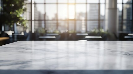 A marble countertop with a blurred cityscape in the background, suggesting a modern workspace.