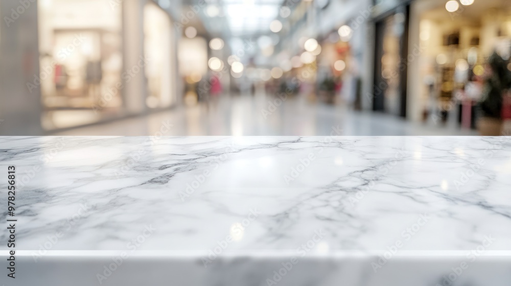 Poster A blurred view of a shopping mall with a marble countertop in focus.