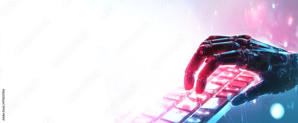 Poster a robotic hand interacts with a futuristic keyboard, symbolizing advanced technology.