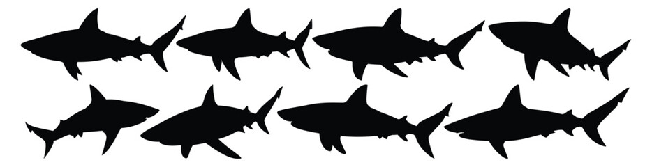 Obraz premium Shark silhouettes set, ocean pack of vector silhouette design, isolated background