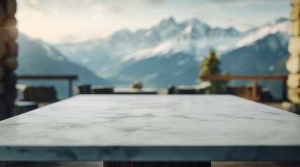 A marble table in the foreground with mountains and a scenic landscape in the background.