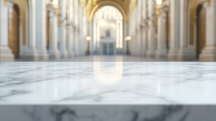 Obraz premium A marble surface in a grand, blurred architectural space, suggesting elegance and depth.