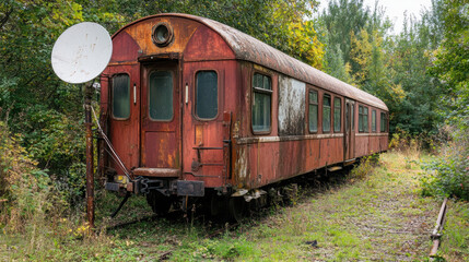 Fototapeta premium Old train car with satellite dish, surrounded by overgrown vegetation