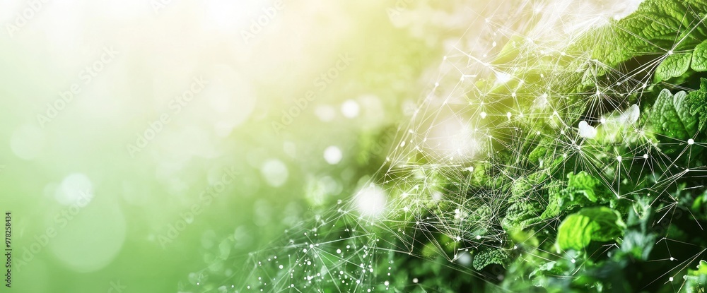 Poster a lush green environment with a web-like structure, symbolizing nature and connectivity.