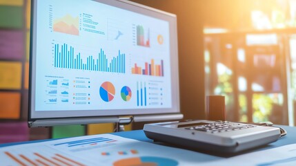 A computer monitor displaying various business graphs and charts with a calculator on a desk in an office setting, bathed in warm sunlight.