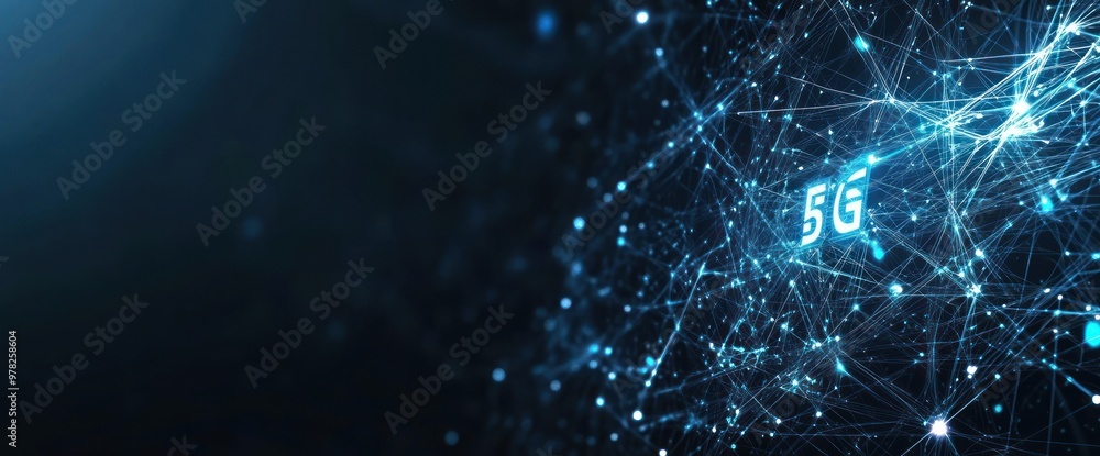 Poster abstract representation of 5g technology with interconnected lines and glowing nodes.