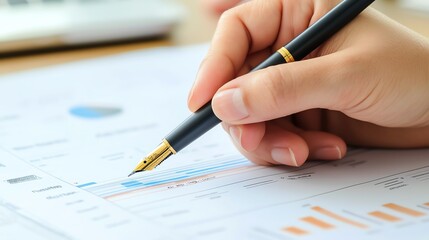 Close-up of a hand holding a pen, analyzing financial graphs and charts. Concept of business analysis, market research, and financial planning.