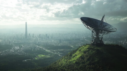 A satellite dish on high plateau overlooks panoramic cityscape