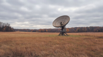 A satellite dish stands prominently on historic battlefield, surrounded by autumn fields