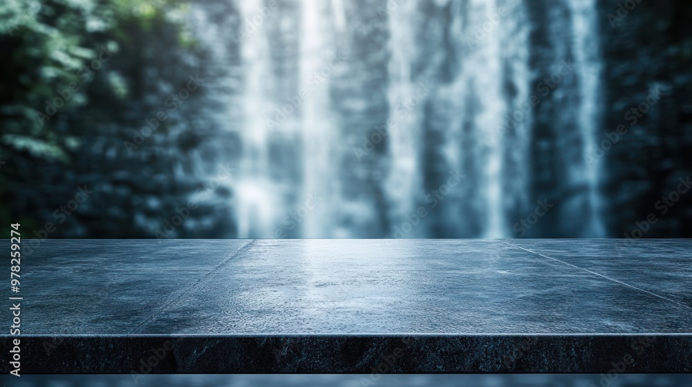 Poster a serene waterfall backdrop with a dark stone surface for display or presentation.