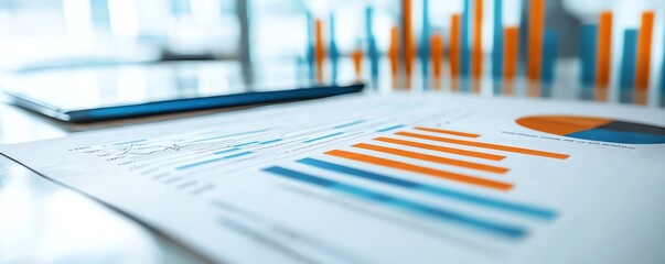 Close-up view of financial graphs and charts showcasing business growth, analytics, and performance with a blurred background.