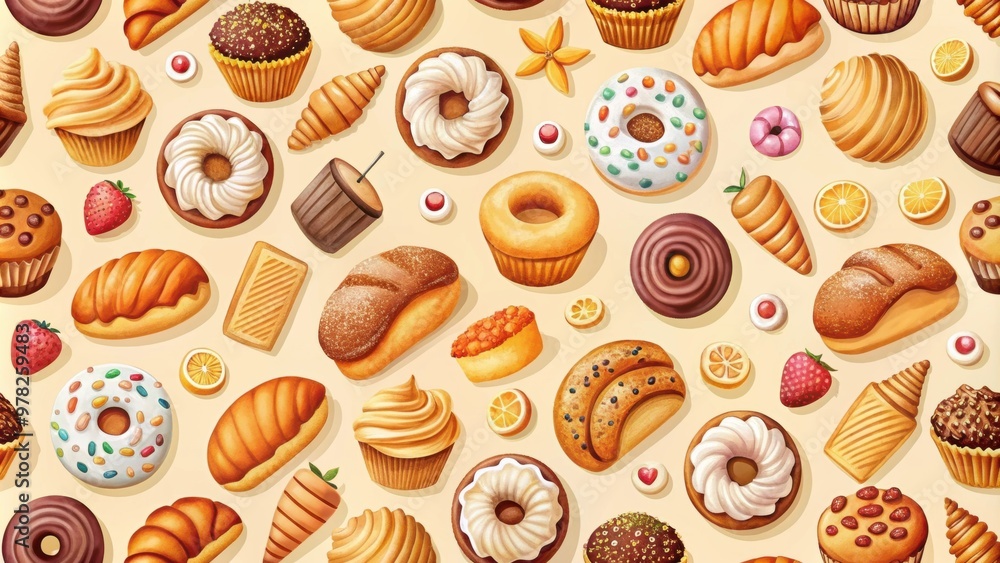 Poster Seamless pattern of various bakery products like croissants, cupcakes, donuts, and bread slices, bakery, products