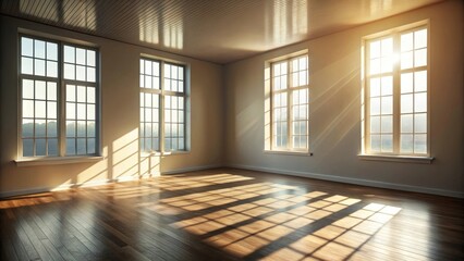 Empty room with sunlight shining through window creating shadows, render, interior design, empty room, window