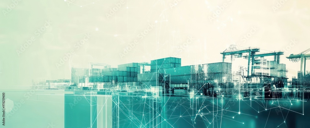 Poster a digital representation of a shipping port with containers and technological elements.