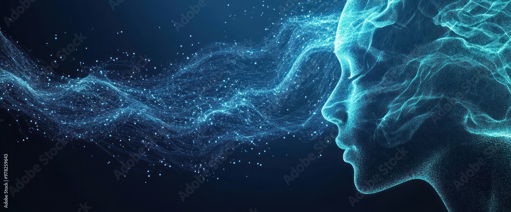 Poster abstract representation of a human profile with flowing particles symbolizing thought and creativity