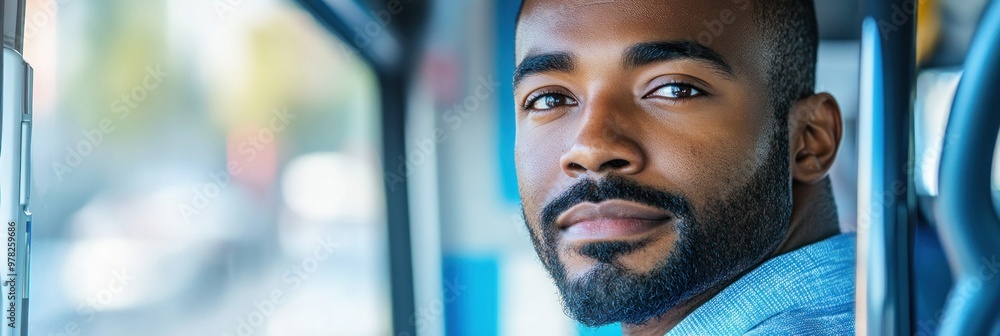 Poster A man in a bus looking towards the camera with a thoughtful expression.