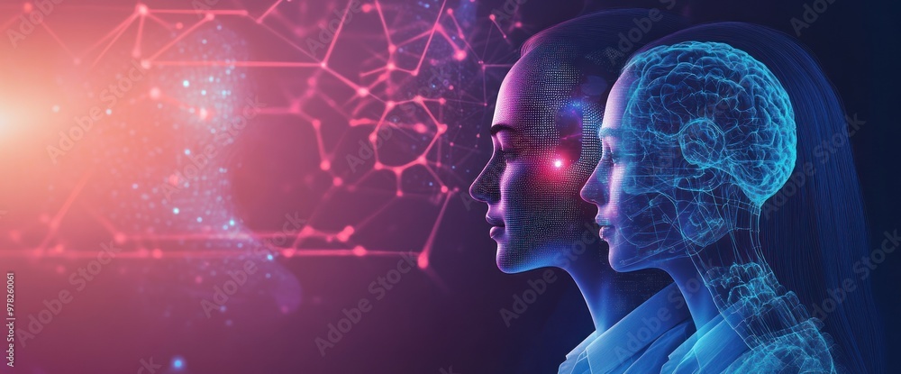 Poster a digital representation of a human profile alongside a neural network visualization.