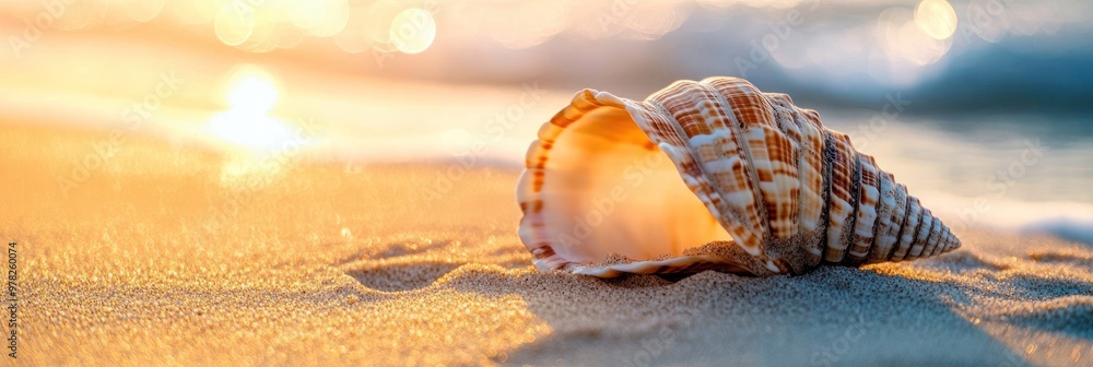 Poster A seashell resting on a sandy beach with gentle waves in the background at sunset.