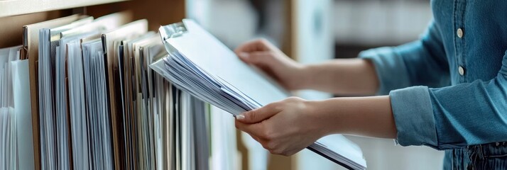 A person organizing documents from a filing system.