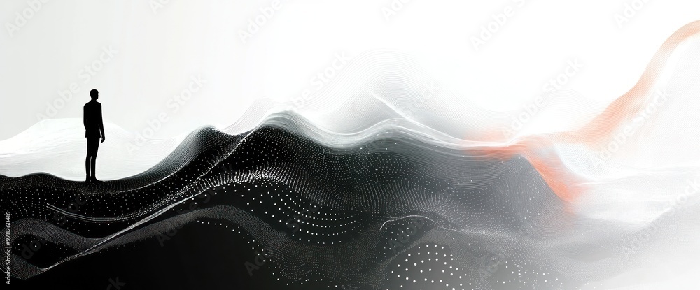 Poster a silhouette stands on abstract waves, symbolizing introspection and exploration.