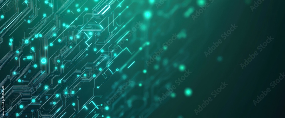 Poster abstract digital circuitry with glowing elements, representing technology and innovation.