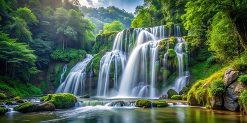 Fototapeta premium Beautiful cascading waterfall in the mountain surrounded by lush greenery, waterfall, mountain, nature, cascade, stream
