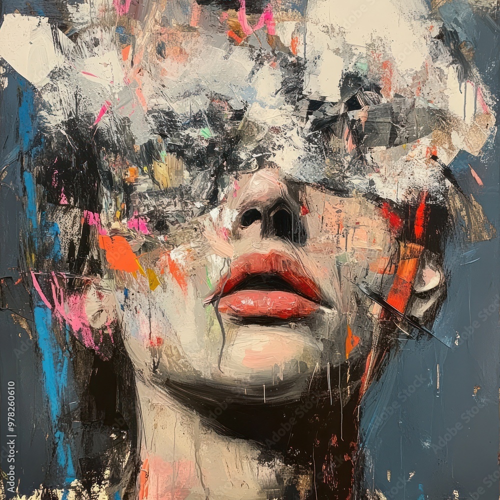 Poster a vibrant abstract portrait with obscured features, evoking emotion and identity.