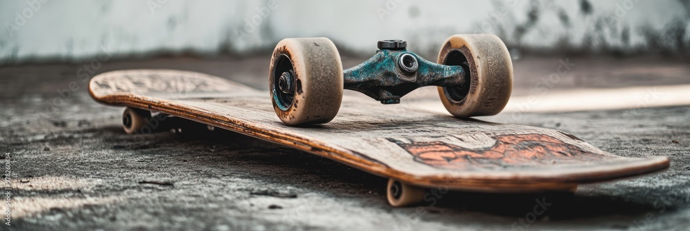 Wall mural A close-up of a skateboard resting on a surface, showcasing its wheels and deck.