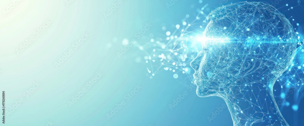 Poster a digital representation of a human head with abstract data visualization elements.