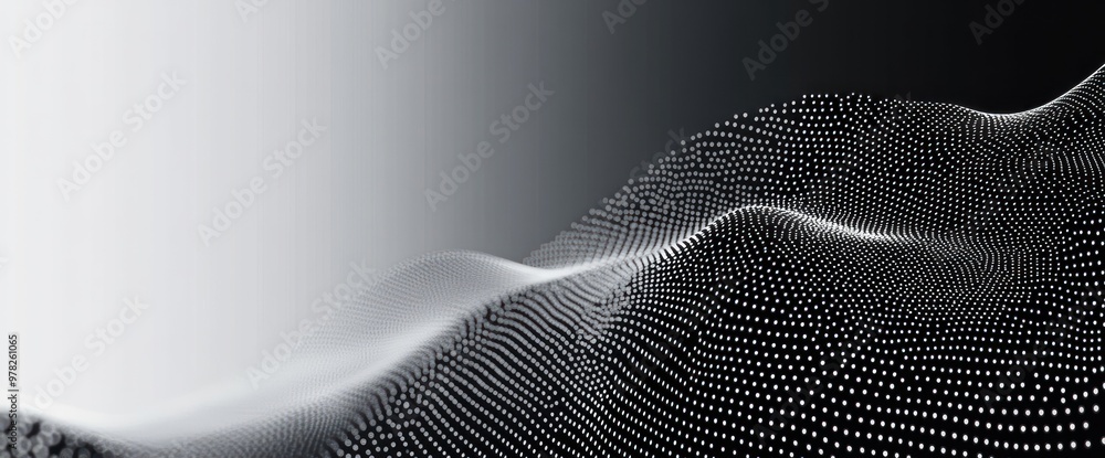 Poster abstract digital landscape with flowing lines and dots, creating a sense of depth.