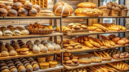 Variety of fresh bakery goods on display, bakery, pastries, bread, muffins, croissants, display, selection, tasty