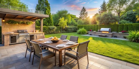 Fototapeta premium Beautiful backyard with a barbeque area and dining table, backyard, outdoor, patio, relaxation, barbecue, grilling, meal