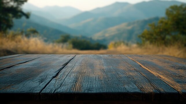 A wooden table in the foreground with a blurred mountain landscape in the background.
