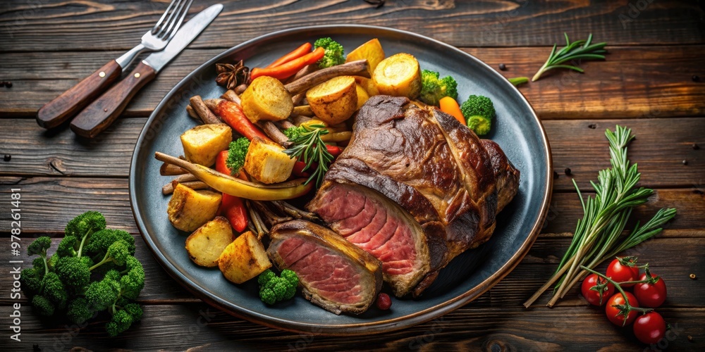 Poster Beef and ribs baked to a golden crust with vegetables on a ceramic plate, beef, ribs, baked, golden crust, vegetables