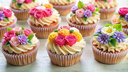 Pretty floral cupcakes with beautiful flower decorations , cupcakes, floral, flowers, pastel, pink, blue, celebration, dessert